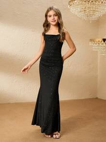 女孩优雅奢华时尚露肩无袖高腰长款金属箔黑色连衣裙，闪亮派对礼服，适合女孩、毕业舞会、圣诞节、表演、生日 - 黑色 - 查看 4