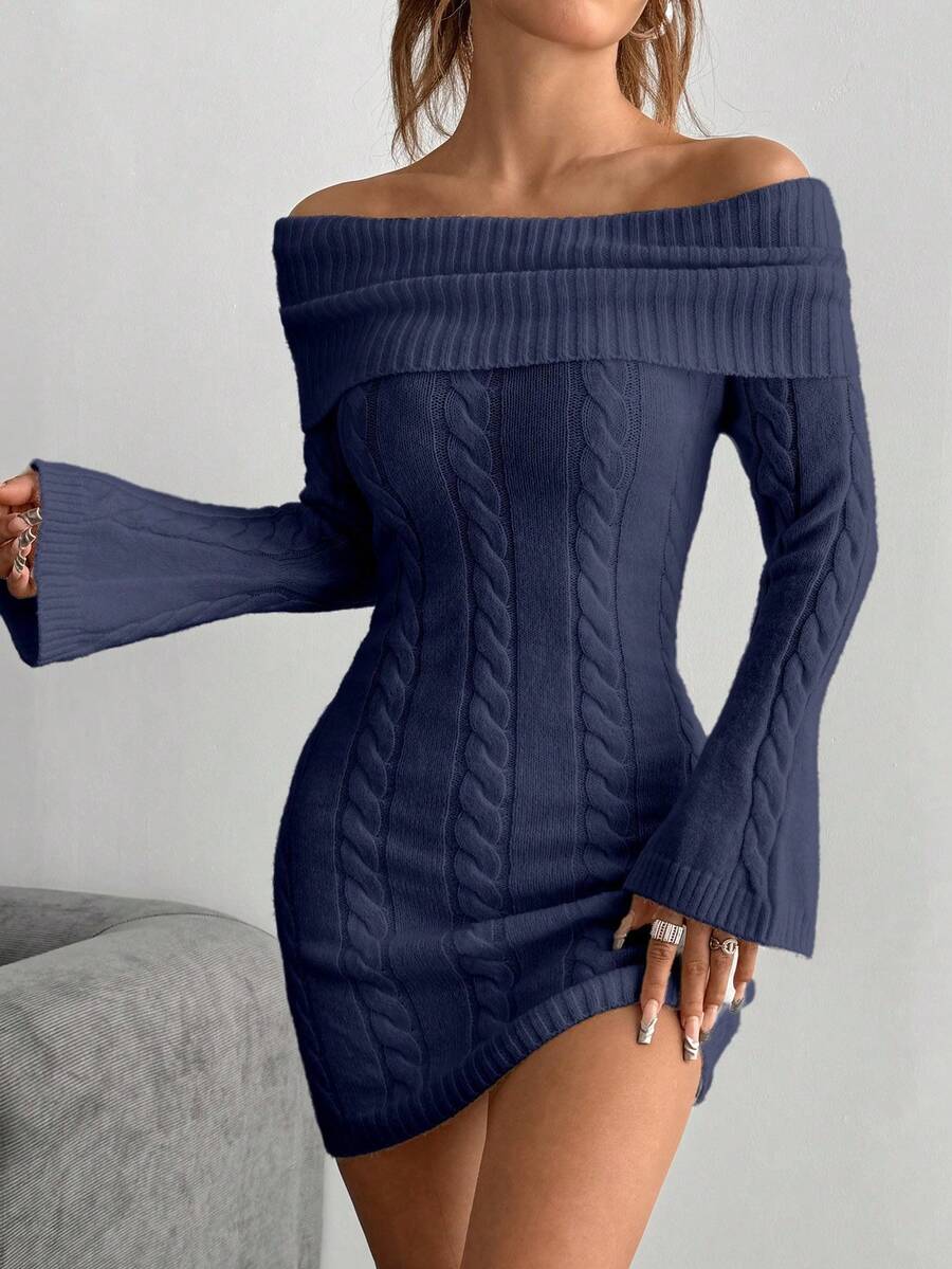 SHEIN Unity Off Shoulder Long Sleeve Twist Knit Bodycon Dress - Navy Blue - View 1