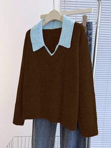Franclia V-Neck 2 In 1 Long Sleeve Sweater, Autumn/Winter - Chocolate Brown - View 4