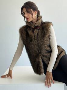 Firerie 女式优雅秋冬新款人造毛皮无袖纽扣夹克 - 摩卡棕 - 查看 3