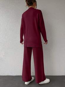 EURMUSE 2pcs Women Solid Color Stand Collar Long Sleeve Knit Sweater Top - Burgundy - View 2