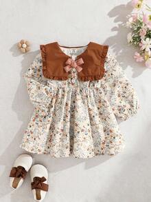 SHEIN 女婴可爱长袖公主裙，时尚优雅，春秋季 - 棕色 - 查看 3