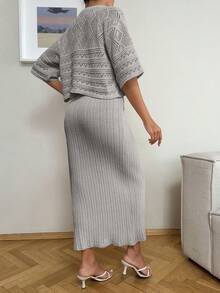 SHEIN Cottnline Set de cardigan y falda engrosados con botones de metal - Gris - Ver 2