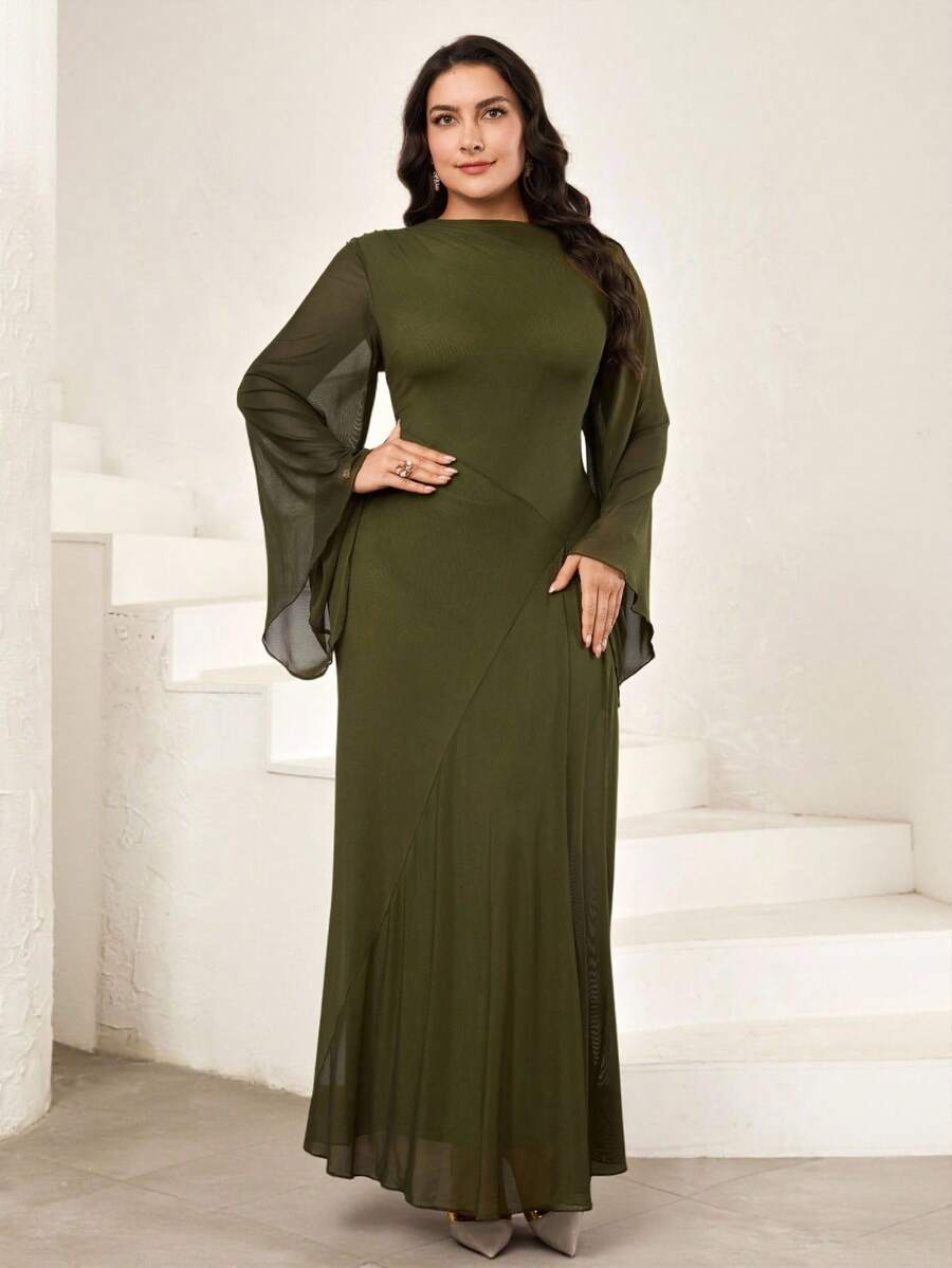 Veilorie Vestido elegante de unicolor para mujer de talla grande - Verde militar - Ver 1