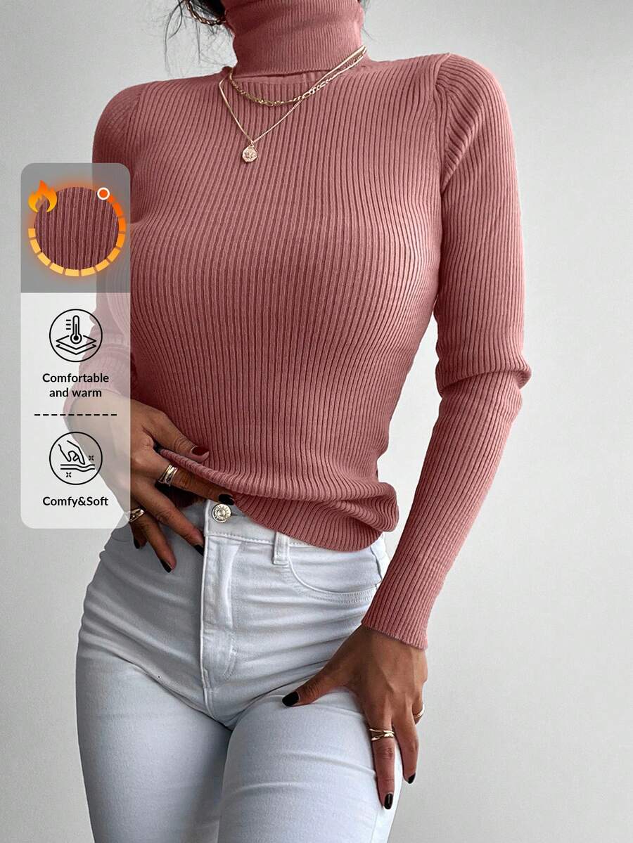 RueChic Solid Turtleneck Ribbed Knit Sweater - Dusty Purple - View 1