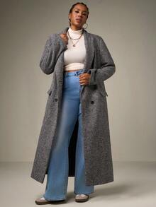 SHEIN Tall CURVE Plus Size Women's Herringbone Pattern Lapel Collar Long Sleeve Long Overcoat, Autumn/Winter Long Cardigan For Women Long Jacket For Women Long Coat Long Coats For Women Outerwear Women - Grey - View 4