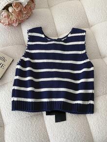 Elamini 女士休闲通勤条纹蝴蝶结后背宽松针织毛衣背心，秋冬 - 彩色 - 查看 2