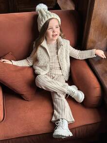 冬季少女毛绒拉链领外套搭配柔软罗纹长袖T恤和喇叭裤休闲套装长袖上衣长袍外套