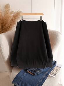 SHEIN CURVE+ Plus Size Solid Color Asymmetric Collar Casual Long Sleeve Pullover Sweater Autumn Winter - Black - View 1