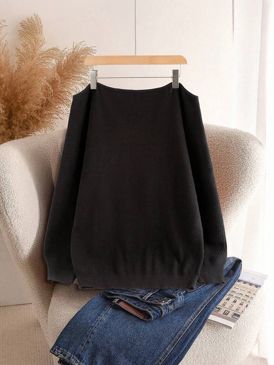 SHEIN CURVE+ Plus Size Solid Color Asymmetric Collar Casual Long Sleeve Pullover Sweater Autumn Winter - Black - View 1