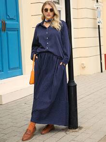 EMERY ROSE 大码女式休闲蓝色条纹衬衫和裙子两件套，带口袋，秋冬 - 藏蓝色 - 查看 4