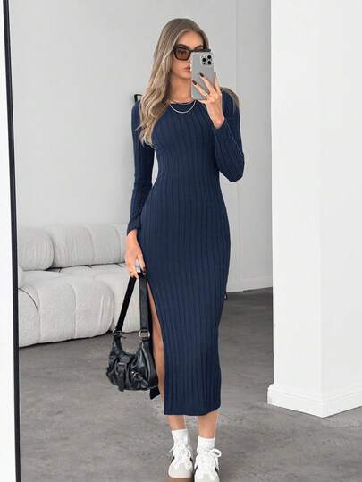 Siren Gaze Women's Casual Everyday Commute Solid Color Ribbed Knit High Slit Hem Fitted Dress, Spring/Autumn,Dresses For Women Elegant Winter Party