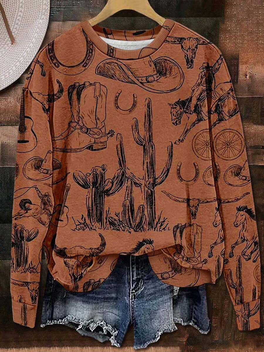 EMERY ROSE Hot-Selling Versatile Retro Western-Style Women's Crewneck Sweatshirt Featuring Cowboy Boots, Cacti, Galloping Horses, And Other Western Motifs-Perfect For Fall And Winter. - Multicolor - View 1