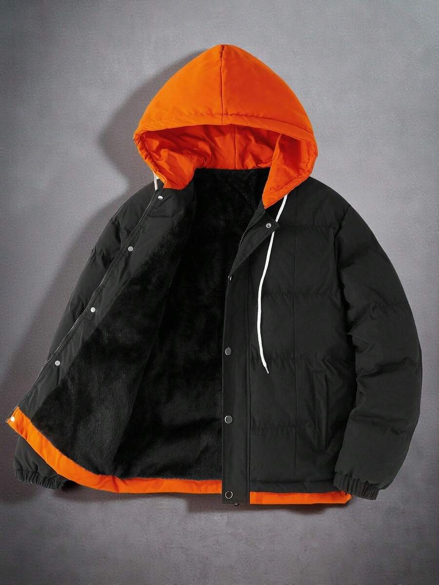 Manfinity Hypemode Men's Vacation Casual Contrast Color Patchwork Hooded Winter Coat, Fall/Winter - Black - View 1