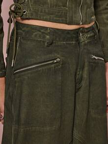 COUREZ 低腰越野摩托车宽松牛仔裤/Y2K 女士冬季服装 冬季服装 宽松牛仔裤 - 橄欖綠 - 查看 6