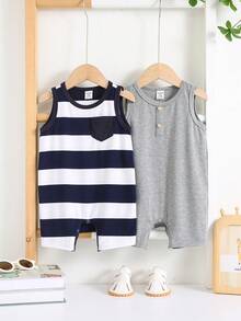 2件套新生男婴可爱休闲条纹无袖针织连体衣套装，夏季 - 彩色 - 查看 8