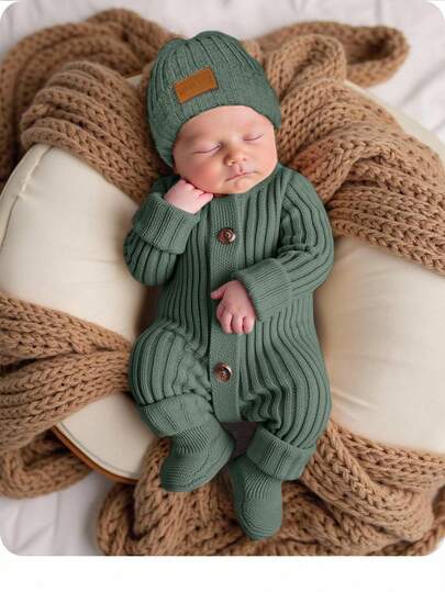 SHEIN Newborn Baby Girl Cute Knitted Jumpsuit, Footie & Hat Set, Versatile For Autumn/Winter Sage Green Newborn Outfit Newborn Knit Outfit Boy Newborn Outfit Photoshoot Boy Newborn Sweater Romper Infant Boy Gown And Hat Set