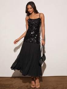 Enchnt Abito elegante da donna con spalline di paillettes - nero - Visualizzare 7