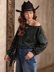 Wildy Women's Dark Grey Autumn Grunge Sweatshirt,Loose Fit Asymmetrical Neck Rivet Detail Graphic Streetwear,Casual Winter Long Sleeve Night Out Tops - Black - View 2