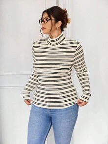 Lounesse Camiseta de punto de cuello alto ajustada de talla grande de color liso acanalado