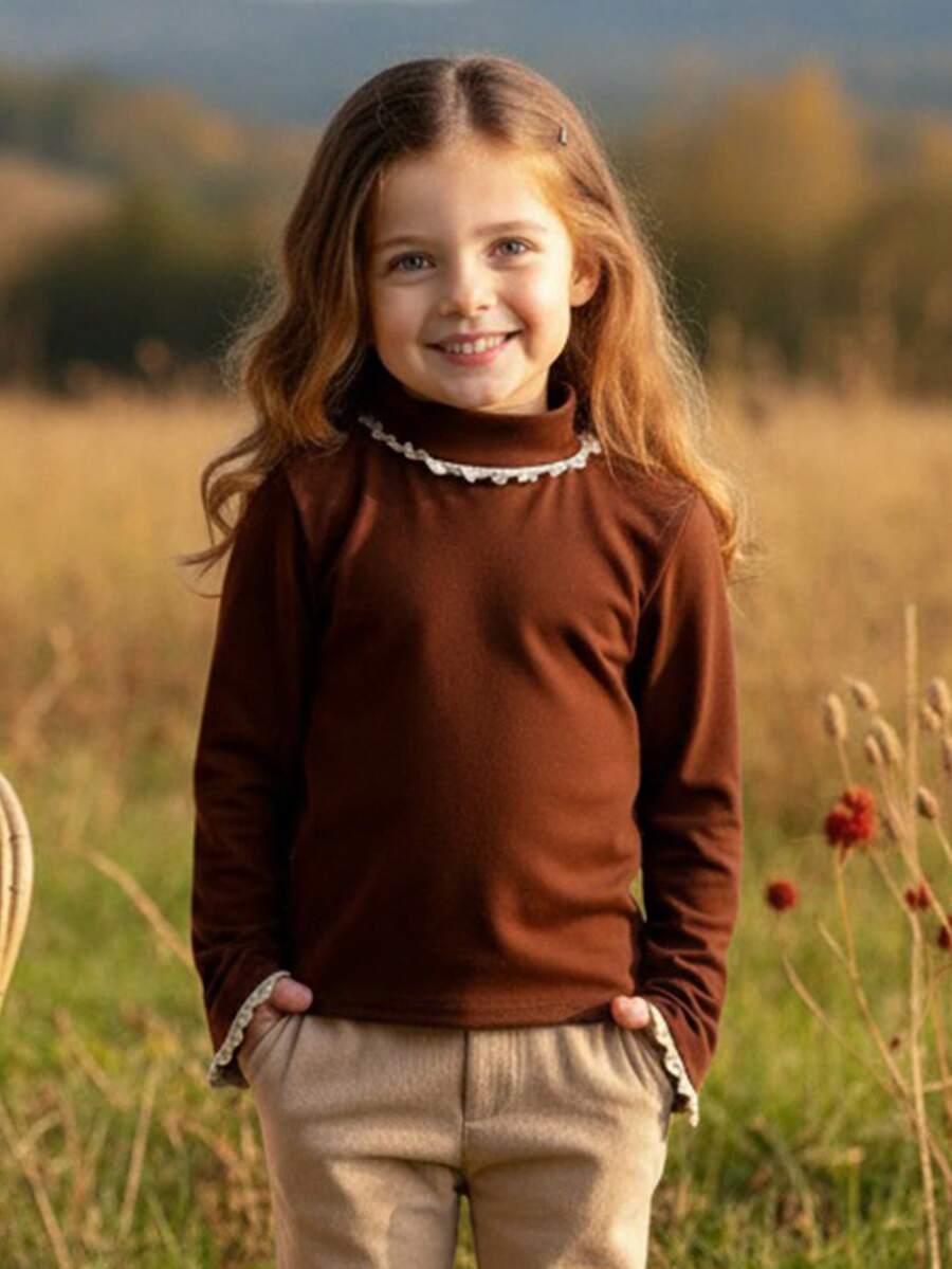 Blossori 少女法式优雅蕾丝边立领长袖T恤 - 咖啡棕 - 查看 1