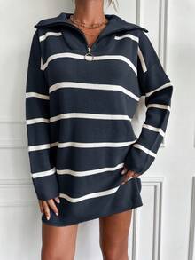 EURMUSE Women Front Zip Long Sleeve Striped Minimalist Sweater, Casual Daily Wear - Dark Grey - View 4