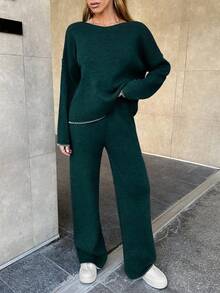 EURMUSE Women's Knitwear Co-Ords With Stitch Detail - Dark Green - View 3