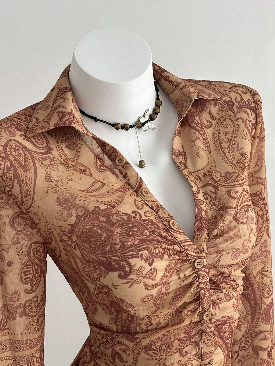 SHEIN Unity Blusa elegante de manga larga con cintura ceñida y estampado de paisley bohemio para mujer - Multicolor - Ver 1