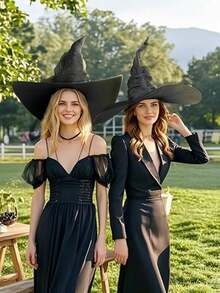 一件式万圣节女巫帽，大号褶边锥形黑色女巫帽，可爱的宽边尖顶帽，非常适合新奇角色扮演派对、化妆舞会狂欢节魔术师帽、成人派对配饰和万圣节装饰品