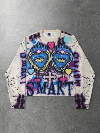 Street Life T-shirt ample à manches longues et coupe courte avec imprimé graphique rétro pour hommes