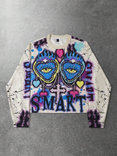 Street Life Herren Retro Grafik Muster Loose Crop Langarm T-Shirt