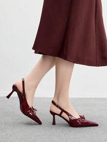 CUCCOO BIZCHIC Pointed Toe Stiletto Heel Bowknot Burgundy Backless Fashionable Minimalist Women's High Heel Pumps - Burgundy - View 4