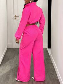 BamGleam 2pcs Fashionable Sexy Bright Color Long Sleeve Crinkle Jumpsuit For Women Fall Cloth For Women - Pink - View 2