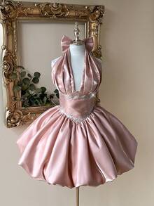 Lovelzi Elegant & Luxurious Light Pink Handmade Bow Ruffle Decor Cinched Waist Bubble Hem Dress, Suitable For Dates, Gatherings, Singles Parties, Music Festivals, Happy Holidays, Formal Occasions - Baby Pink - View 2