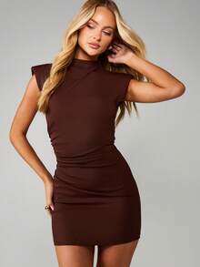 MISSGUIDED Structured Shoulder Bodycon Mini Dress High Neck Sleeveless Form Fitting Party Dress - Brown - View 6