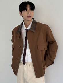 DAZY Men's Brown Patchwork Collar Design Jacket And Coat, Autumn - Brown - View 6