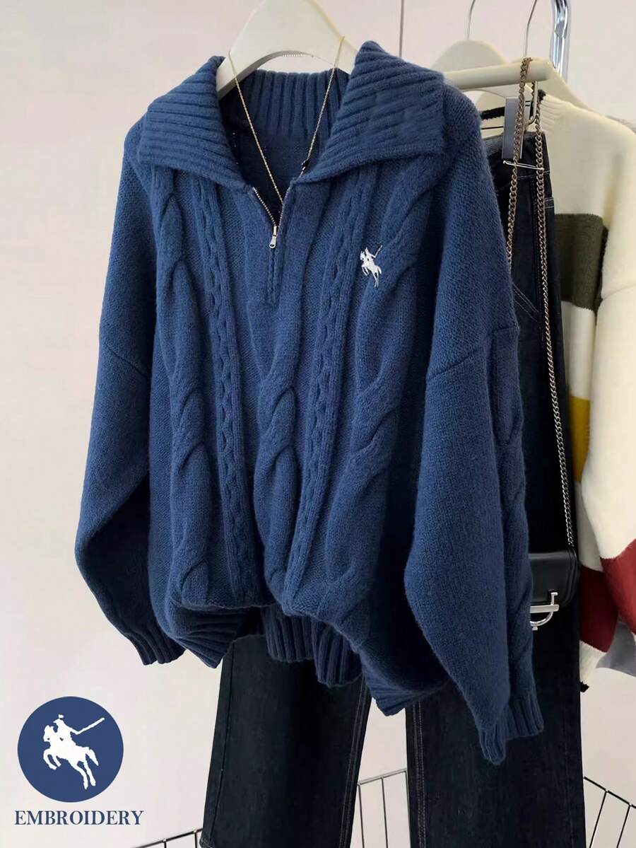 Resyla 女士休闲百搭拉链针织毛衣，秋冬 - 藏蓝色 - 查看 1