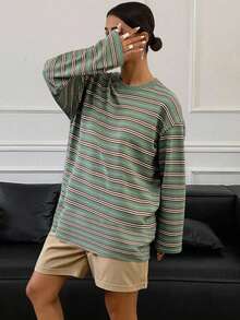 DAZY 女士条纹宽松圆领落肩长袖休闲T恤 - 咖啡棕 - 查看 3