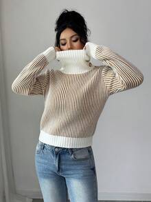 SHEIN Elenzya 优雅纽扣肩高领长袖罗纹针织毛衣，秋冬 - 卡其色 - 查看 6