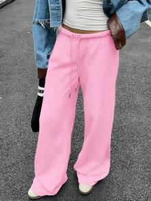 SHEIN EZwear 粉色女式休闲宽松前系带运动裤，适合日常穿着和开学季、秋冬季 - 粉色 - 查看 5