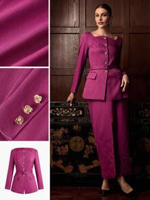 ZEYLAH Women's Square Neck Single-Breasted Embroidered Fashion Blazer - Purple - View 1