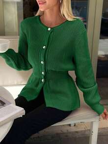 EURMUSE Women Solid Color Front Button Round Neck Cardigan,Cardigans,Long Cardigans Woman,Petite,Tall - Green - View 2