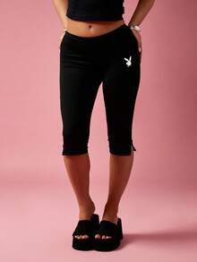 Missguided x Playboy Logo Capri Leggings For Women Mid Rise Knee Length Casual - Black - View 2