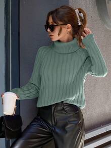 EURMUSE Lässiger Rippstrick-Raglanarm-Kabel-Strick-detaillierter Rollkragenpullover