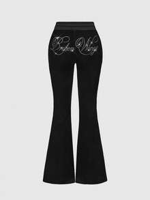 ROMWE J-Fashion 2 件 Y2K 天鹅绒水钻装饰女式运动衫套装，秋冬款 - 黑色 - 查看 3