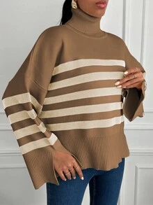 SHEIN Cottnline Của phụ nữ Sọc Tách tay áo Áo len dệt kim - Màu Khaki - Xem 3