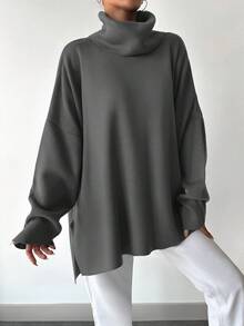 EURMUSE Women's Turtleneck Solid Color Drop Shoulder Split Hem Sweater - Grey - View 3