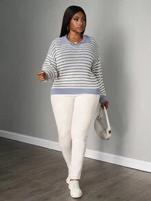 SHEIN PETITE CURVE Pull-over à col polo rayé à manches longues, grande taille, style décontracté - Bleu gris - Voir 3