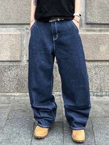 PAVTROS 男士休闲日常字母印花宽松阔腿牛仔裤 - 中等水洗藍 - 查看 3