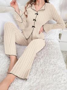 Women's Comfortable Ribbed Bow Decor Long Sleeve Top And Pants Pajama Set, Autumn, Winter Clothes - Apricot - View 5